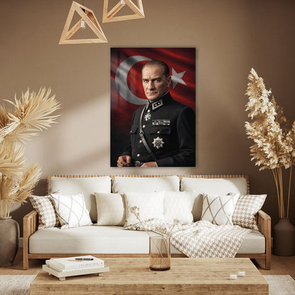 Atatürk Askeri Üniformalı Türk Bayrağı Cam Tablo