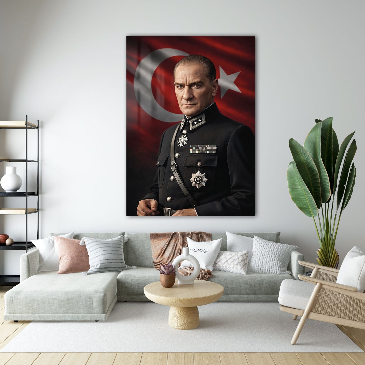Atatürk Askeri Üniformalı Türk Bayrağı Cam Tablo