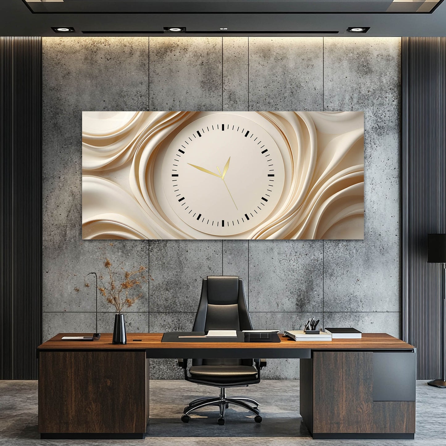 Bej Dalga Formlu Modern - Saatlı Cam Tablo