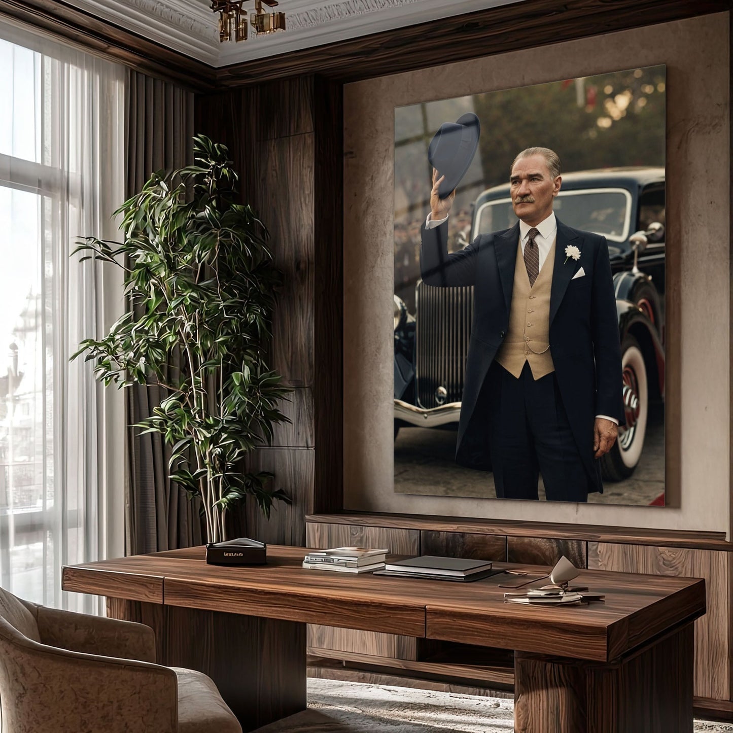 Atatürk Şapka Selamı Klasik Araba Cam Tablo