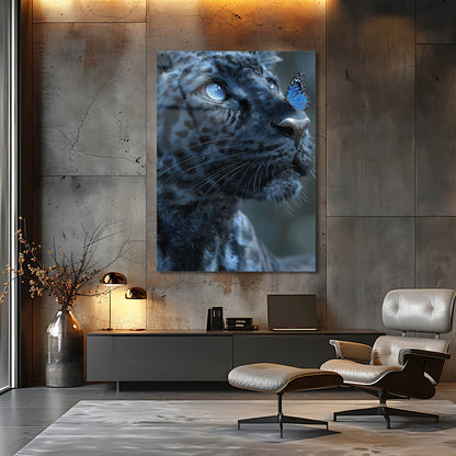 Mavi Leopar Kelebek Sanatsal Cam Tablo