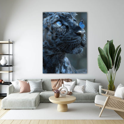 Mavi Leopar Kelebek Sanatsal Cam Tablo