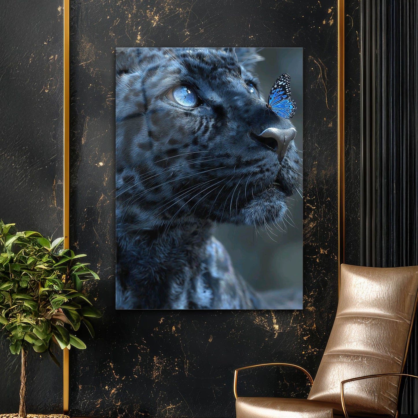 Mavi Leopar Kelebek Sanatsal Cam Tablo