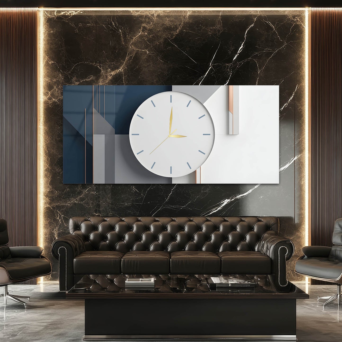 Lacivert Geometrik Modern - Saatlı Cam Tablo