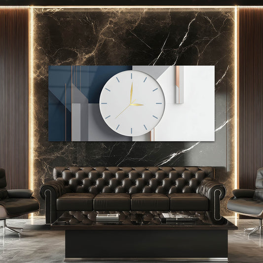 Lacivert Geometrik Modern - Saatlı Cam Tablo