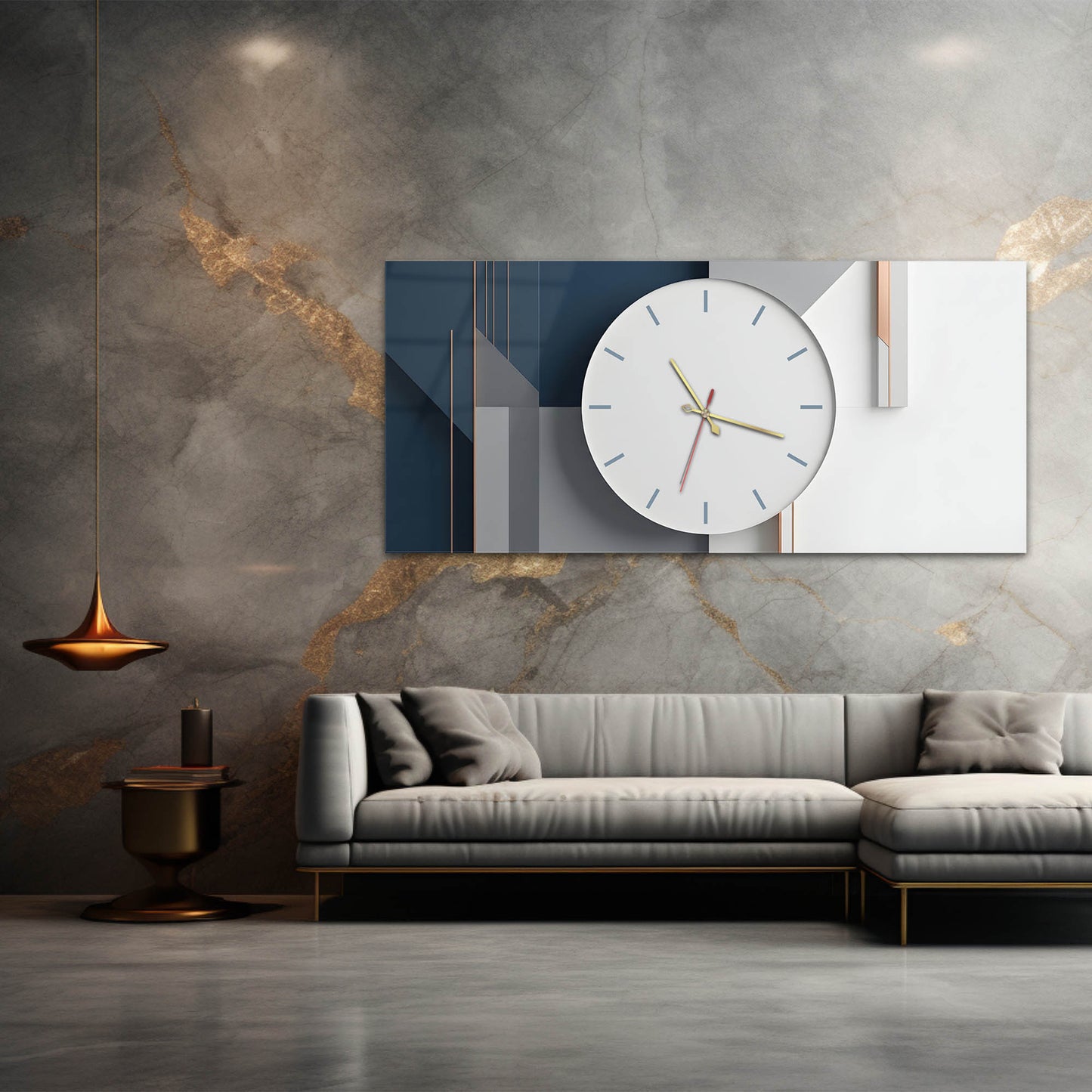 Lacivert Geometrik Modern - Saatlı Cam Tablo