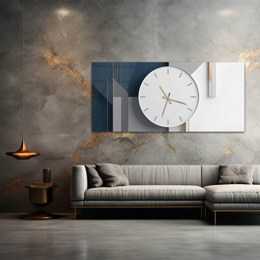 Lacivert Geometrik Modern - Saatlı Cam Tablo