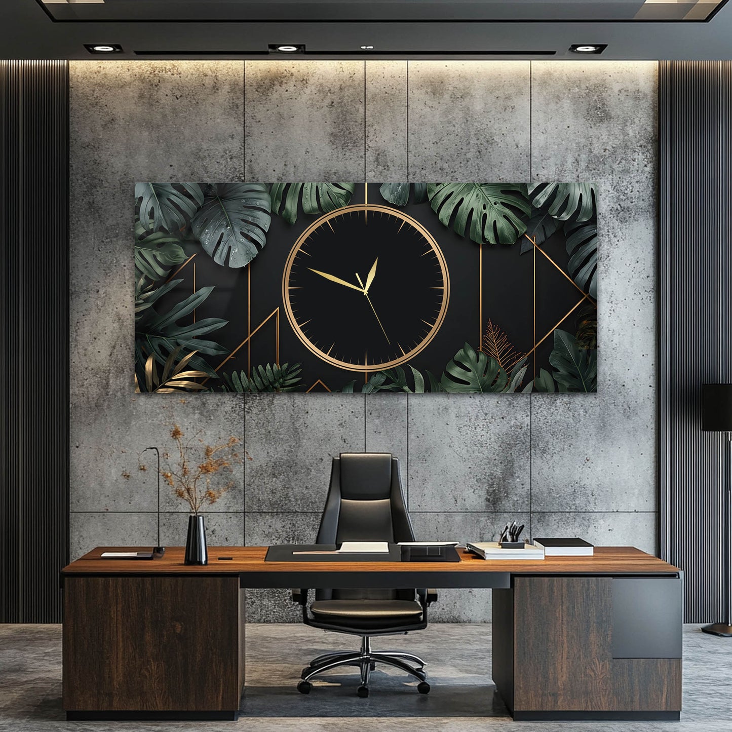 Tropikal Yapraklı Modern - Saatlı Cam Tablo