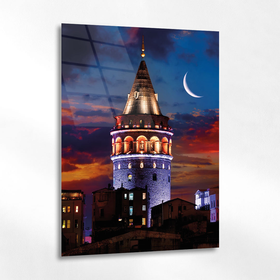 Galata Kulesi Gece Ay Manzaralı İstanbul Cam Tablo