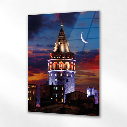 Galata Kulesi Gece Ay Manzaralı İstanbul Cam Tablo