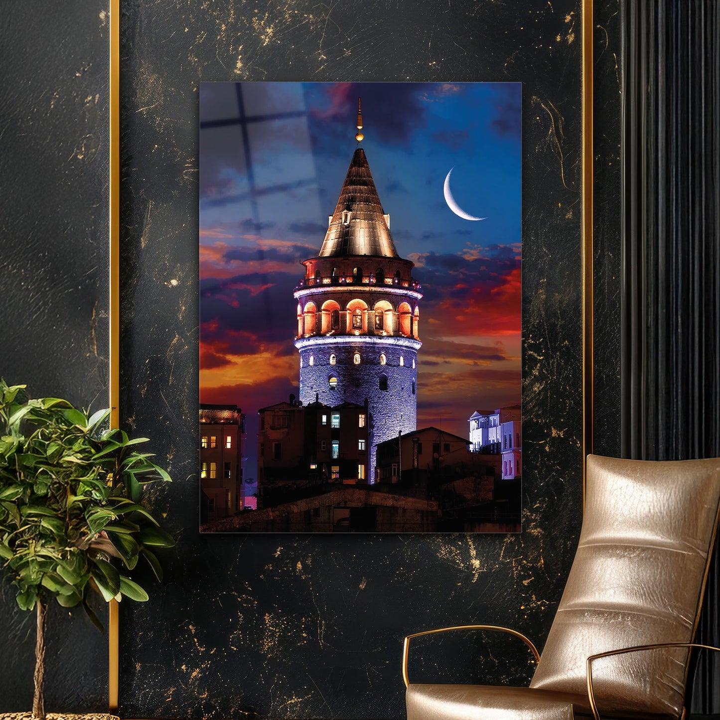 Galata Kulesi Gece Ay Manzaralı İstanbul Cam Tablo