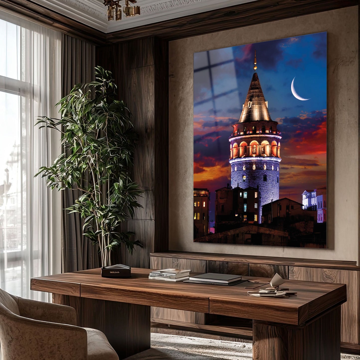 Galata Kulesi Gece Ay Manzaralı İstanbul Cam Tablo