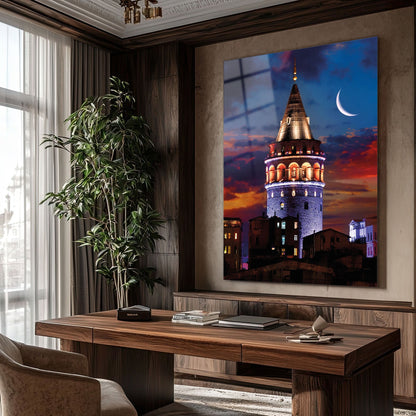Galata Kulesi Gece Ay Manzaralı İstanbul Cam Tablo