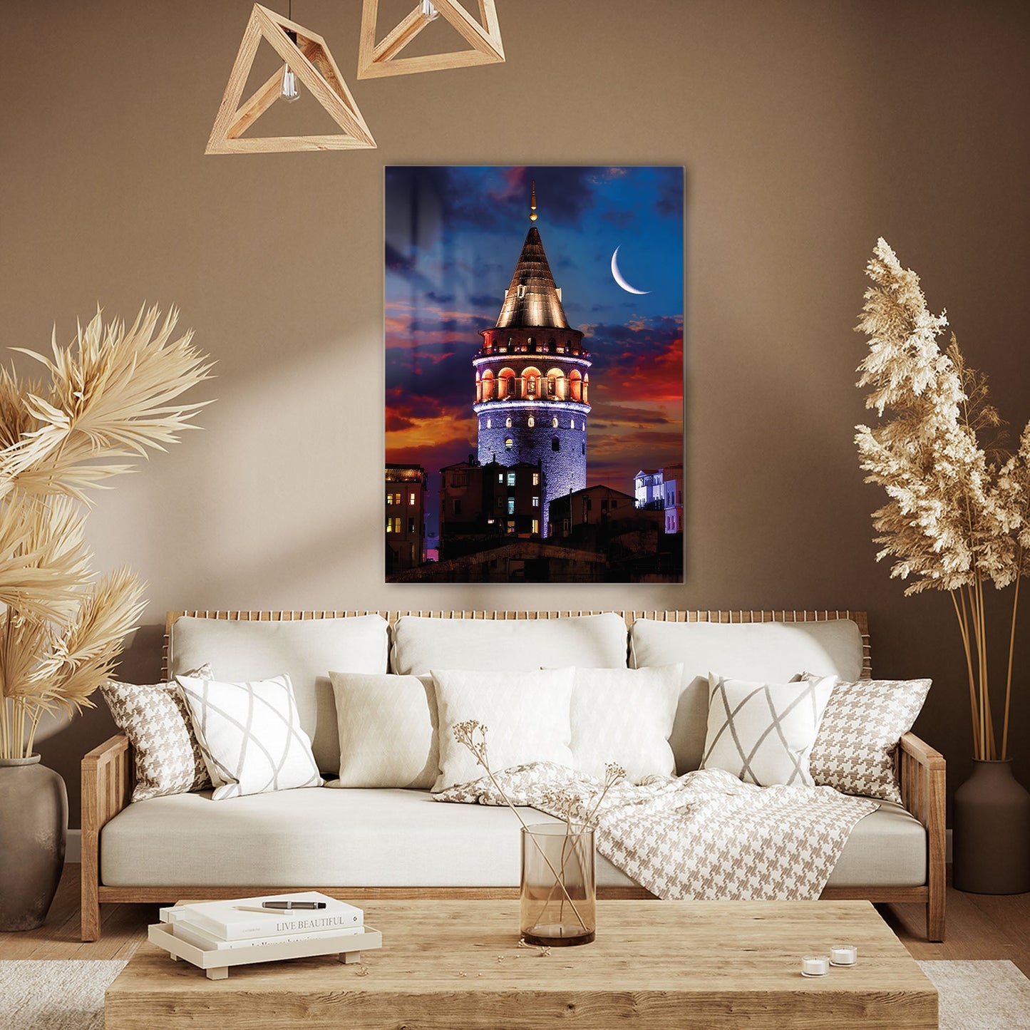 Galata Kulesi Gece Ay Manzaralı İstanbul Cam Tablo