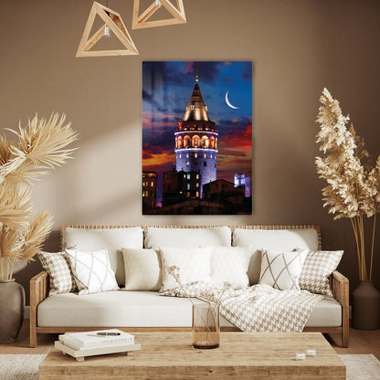 Galata Kulesi Gece Ay Manzaralı İstanbul Cam Tablo