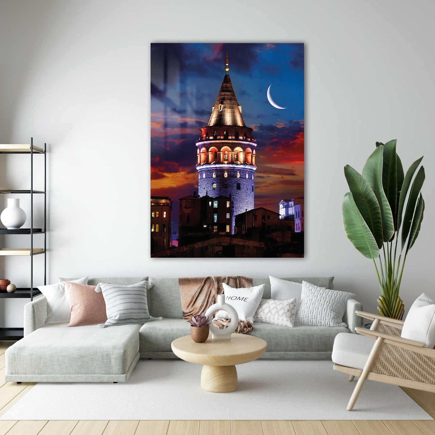 Galata Kulesi Gece Ay Manzaralı İstanbul Cam Tablo