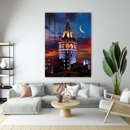Galata Kulesi Gece Ay Manzaralı İstanbul Cam Tablo
