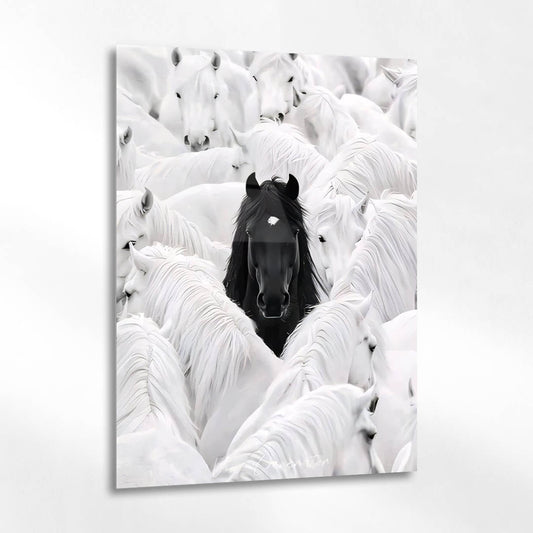 Siyah At Beyaz Sürü Kontrast Cam Tablo