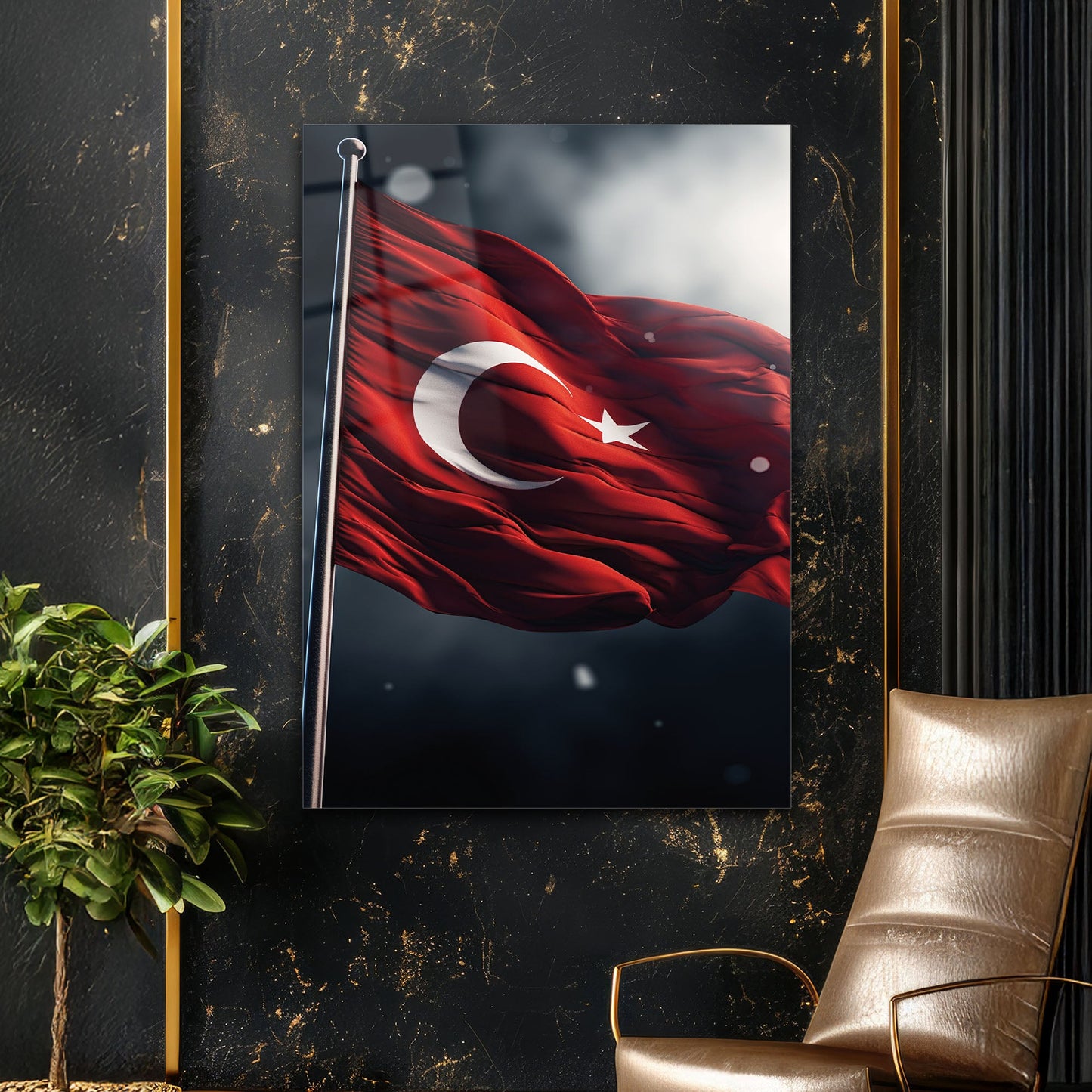Dalgalanan Türk Bayrağı Rüzgarlı Cam Tablo