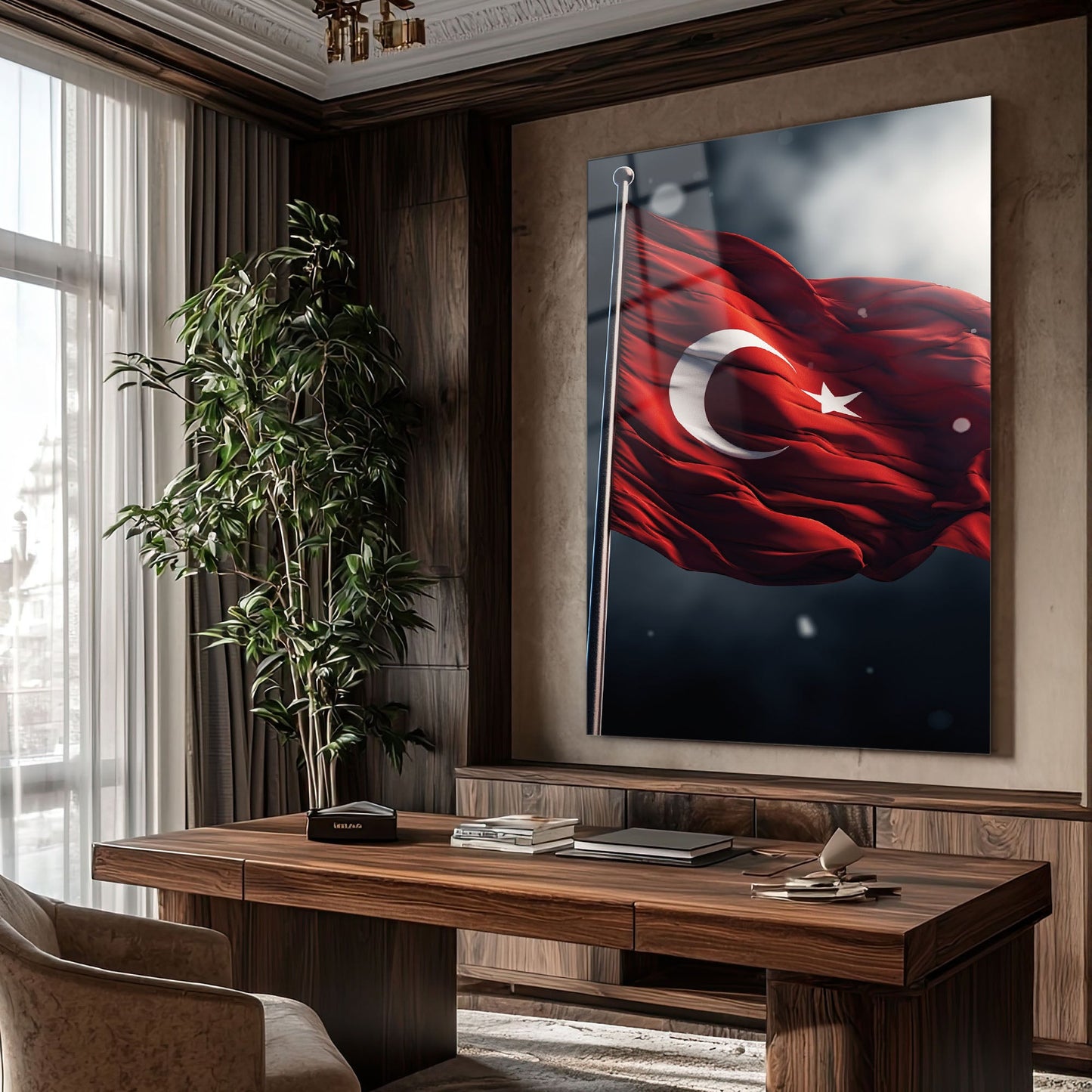 Dalgalanan Türk Bayrağı Rüzgarlı Cam Tablo