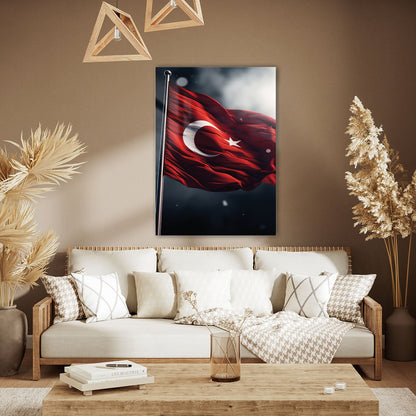 Dalgalanan Türk Bayrağı Rüzgarlı Cam Tablo