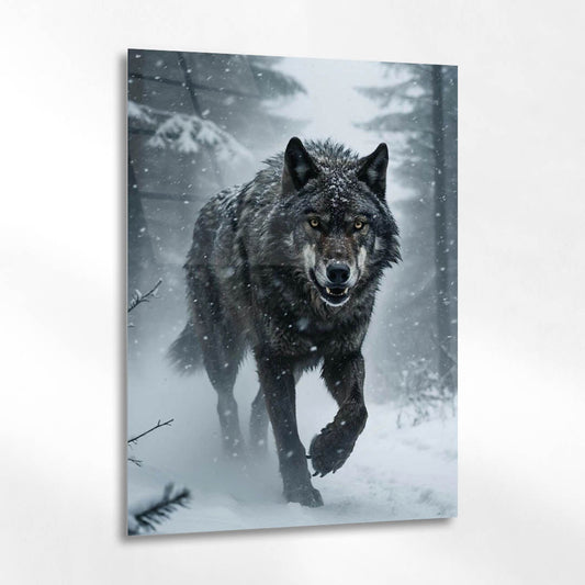 Kar Fırtınasında Kurt Doğa Cam Tablo