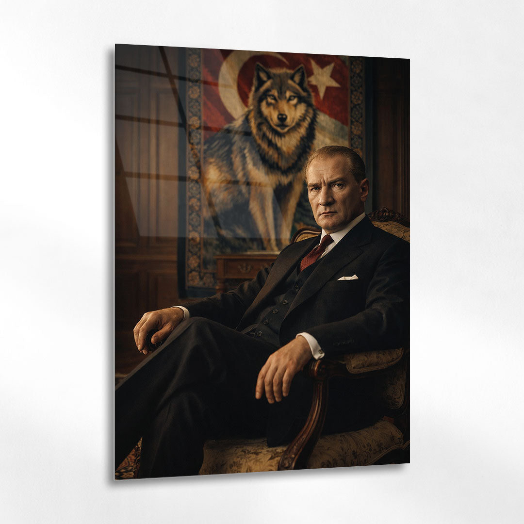 Atatürk Koltukta Oturan Bozkurt Fonlu Cam Tablo