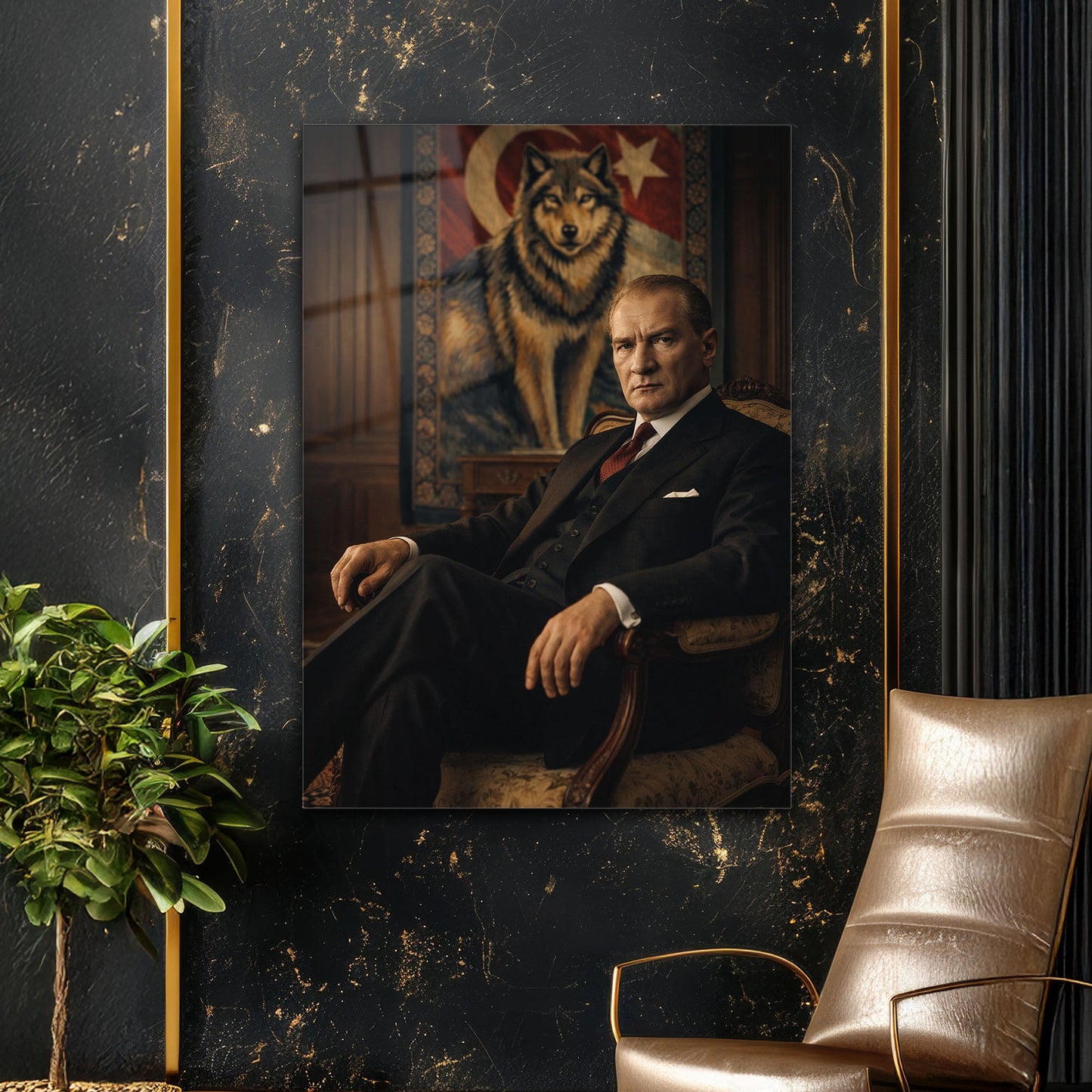 Atatürk Koltukta Oturan Bozkurt Fonlu Cam Tablo