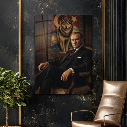Atatürk Koltukta Oturan Bozkurt Fonlu Cam Tablo