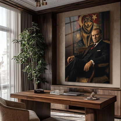 Atatürk Koltukta Oturan Bozkurt Fonlu Cam Tablo