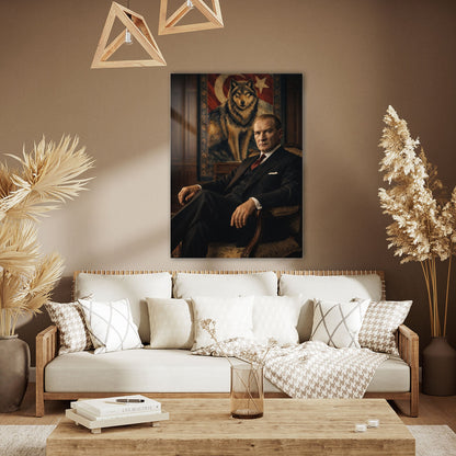 Atatürk Koltukta Oturan Bozkurt Fonlu Cam Tablo