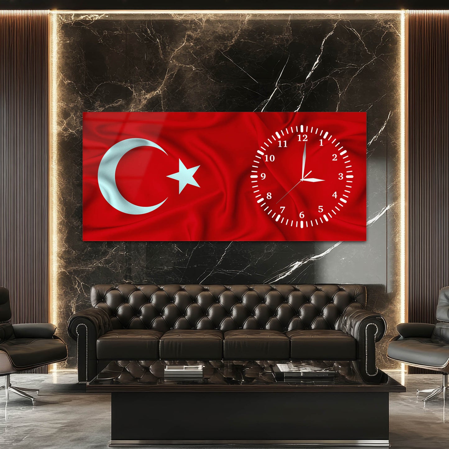Modern Türk Bayrağı Cam Saatli Tablo
