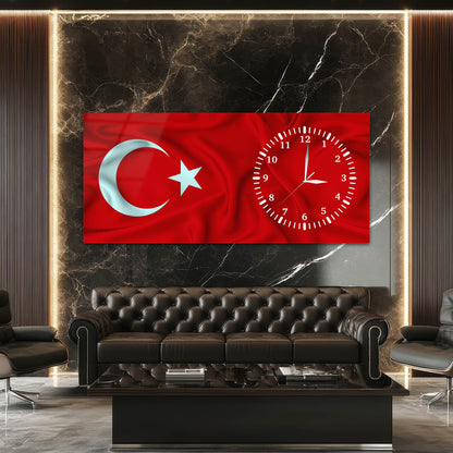 Modern Türk Bayrağı Cam Saatli Tablo
