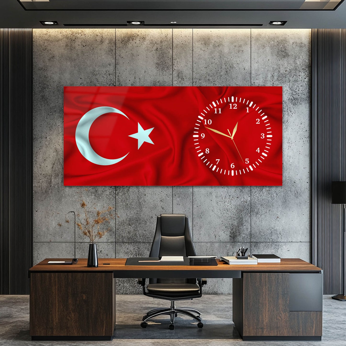 Modern Türk Bayrağı Cam Saatli Tablo