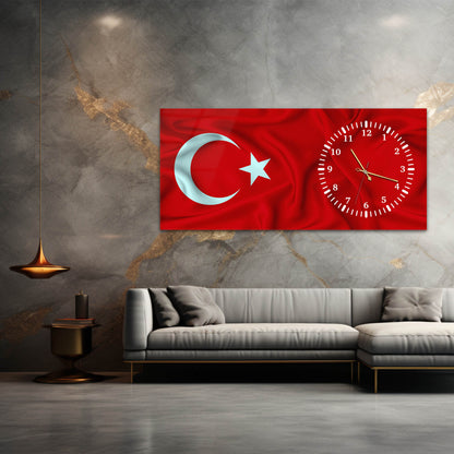 Modern Türk Bayrağı Cam Saatli Tablo