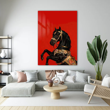 Şahlanan Siyah At Kırmızı Zemin Cam Tablo