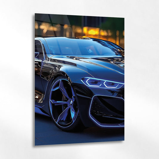 BMW Spor Araba Cam Tablo – Modern Mavi Işıklı Tasarım - 4 mm Temperli Cam Tablo - Ev, ofis dekorasyon