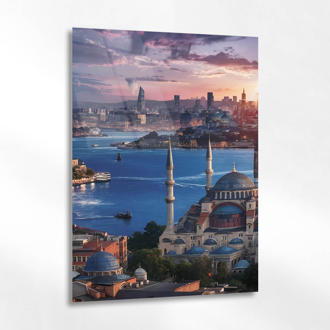 İstanbul Silüeti Gün Batımı Cam Tablo