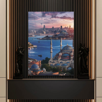 İstanbul Silüeti Gün Batımı Cam Tablo