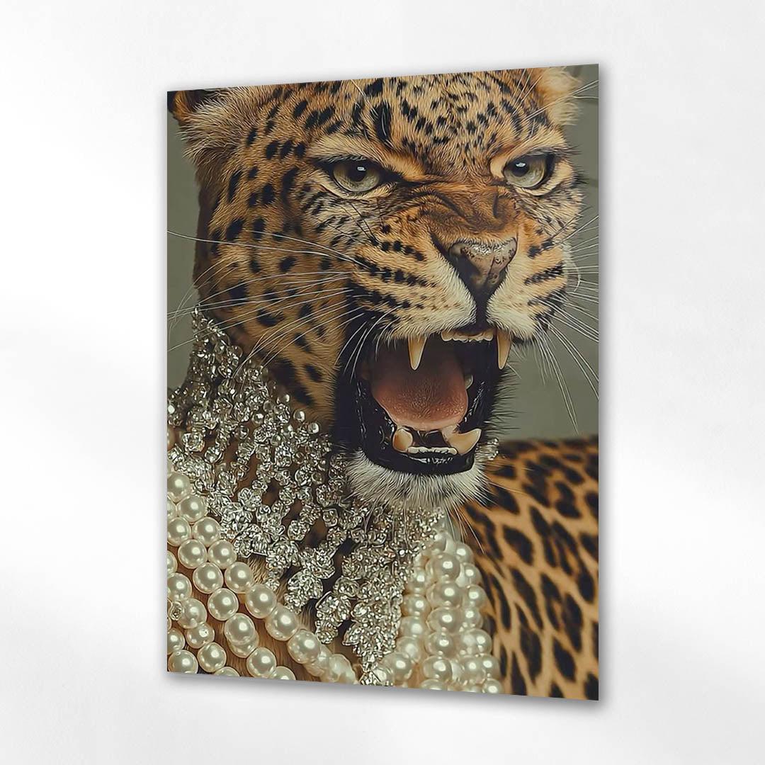 İnci ve Taşlı Leopar Lüks Cam Tablo