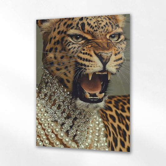 İnci ve Taşlı Leopar Lüks Cam Tablo