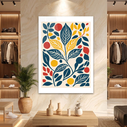 Soyut İskandinav Yaprak ve Limon Desenli Cam Tablo