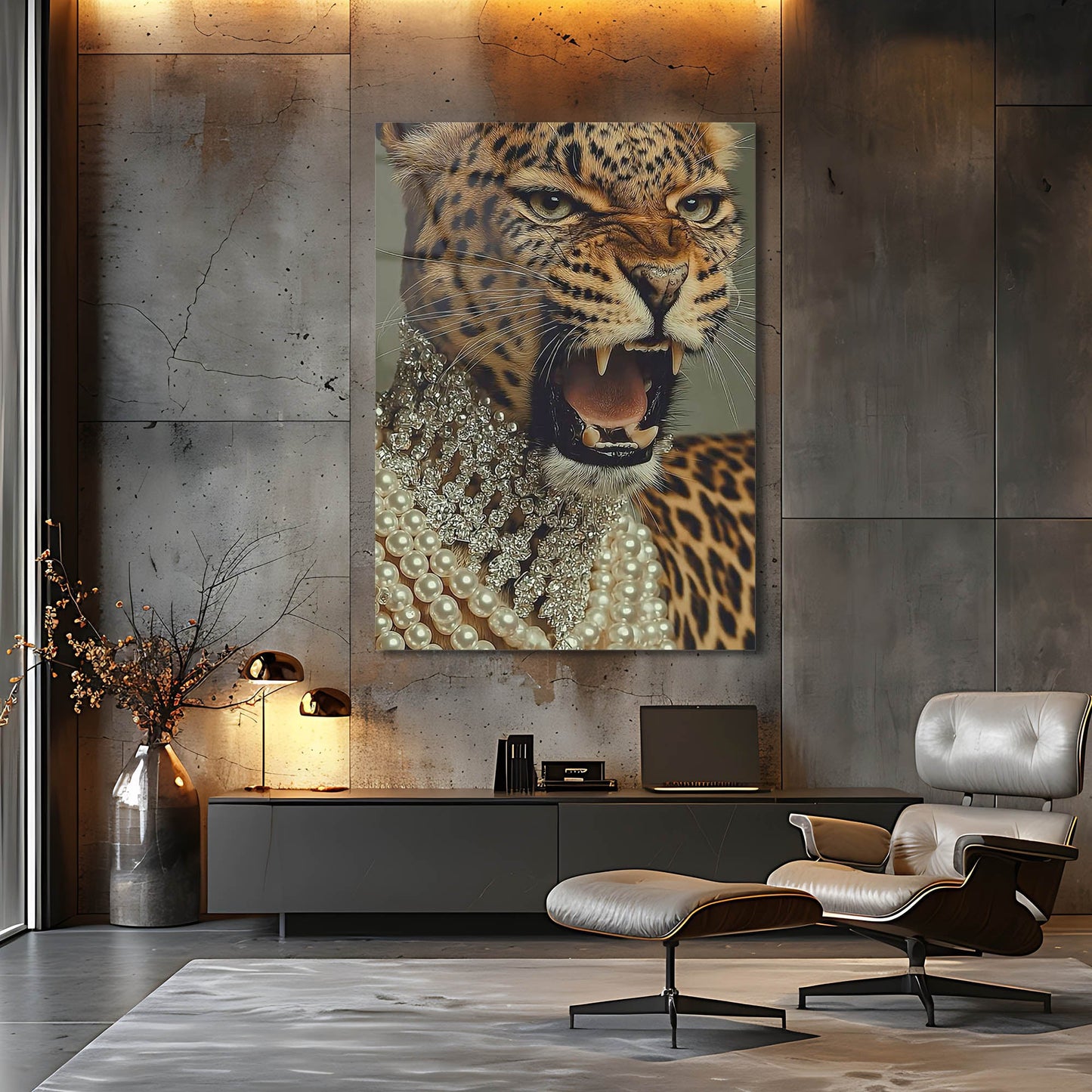 İnci ve Taşlı Leopar Lüks Cam Tablo