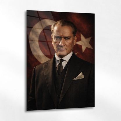 Atatürk Klasik Portre Türk Bayrağı Fon Cam Tablo