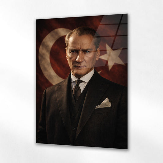Atatürk Klasik Portre Türk Bayrağı Fon Cam Tablo
