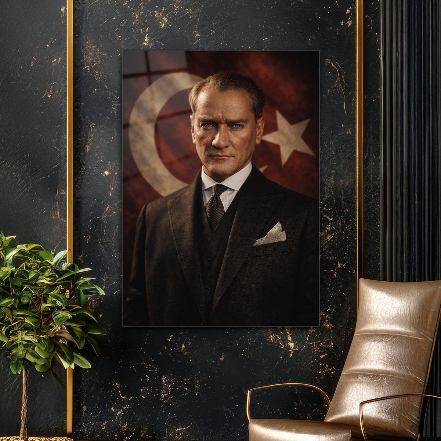 Atatürk Klasik Portre Türk Bayrağı Fon Cam Tablo