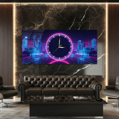 Neon Şehir Gece Temalı Modern - Saatlı Cam Tablo
