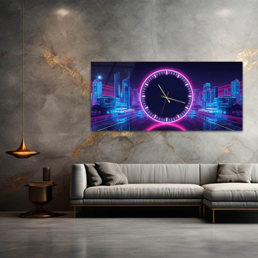 Neon Şehir Gece Temalı Modern - Saatlı Cam Tablo