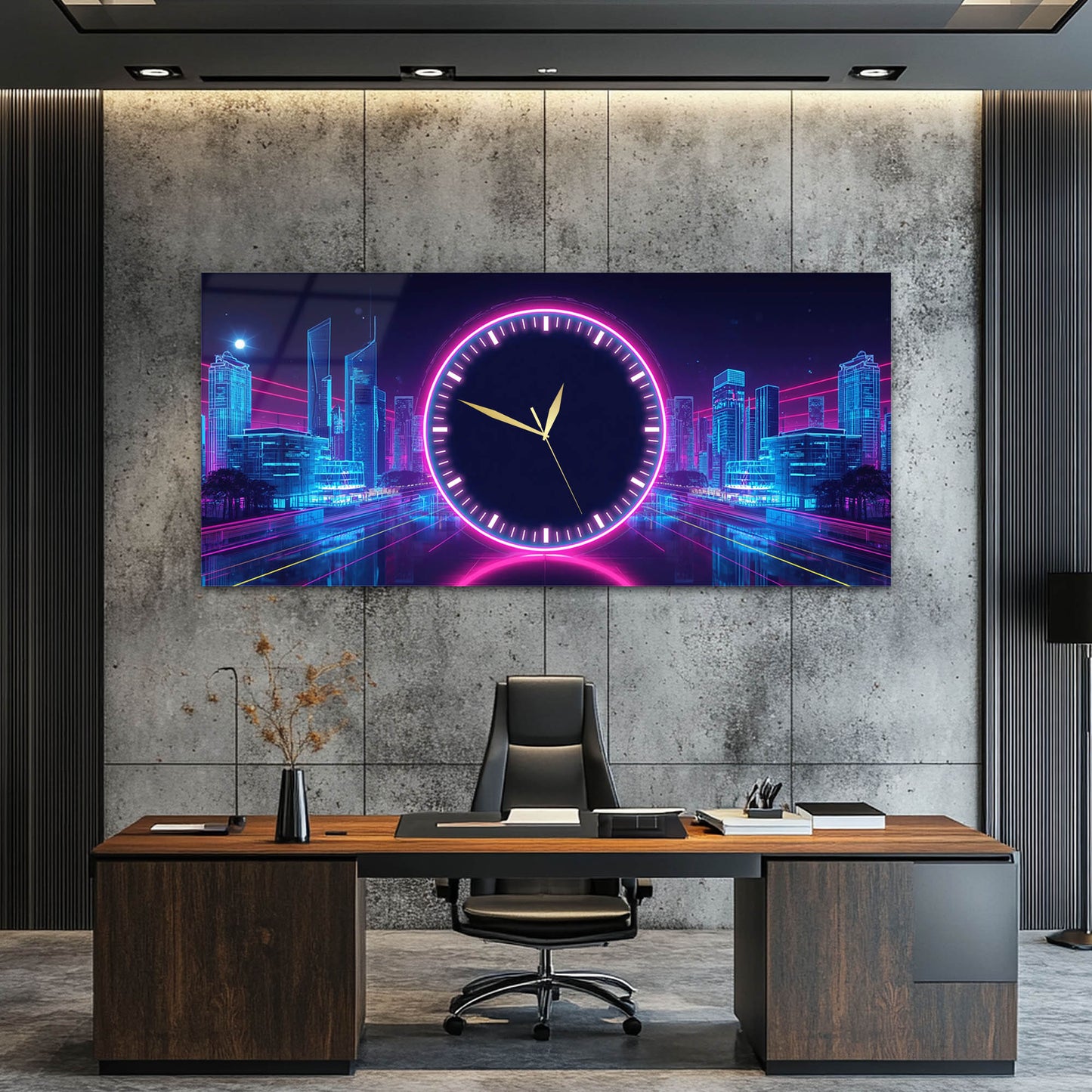 Neon Şehir Gece Temalı Modern - Saatlı Cam Tablo