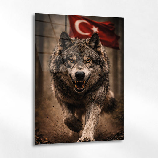 Türk Bayraklı Kurt Saldırı Anı Epik Cam Tablo